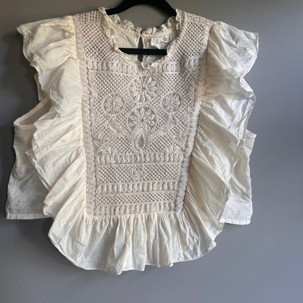 Joie Ivory Embroidered Ruffle Sleeveless Cotton Blouse Top Large RN128653